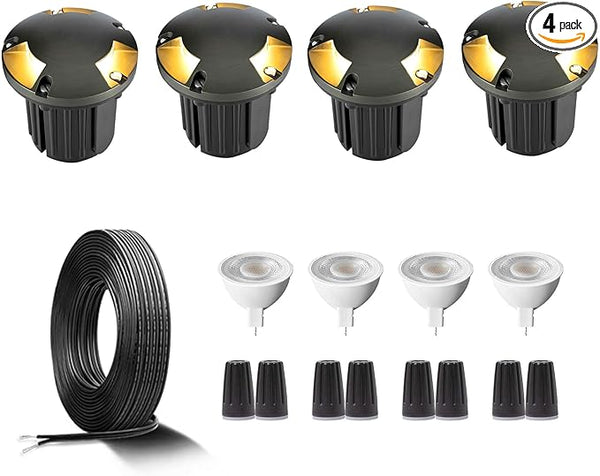 Gardenreet Landscape Well Lights Brass Kit(4 Pack) with MR16 Bulb & 100Feet Wire & Connectors, 12V AC/DC LED In | Lumora