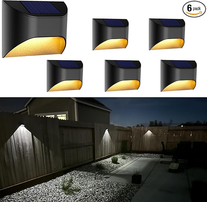Solar Fence Lights，Deck｜Step ｜Stair Lights，Warm White/Daylight/Cool White Options for Yard Garden Sidewalk Pathway, Waterproof（6-Pack）