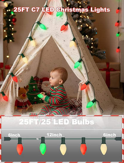 C7 LED Christmas Lights Outdoor - 25ft Red White and Green String Lights With 27 Ceramic Bulbs(2 Spare), Waterproof Commercial Grade Extendable for Indoor Outdoor Roofline Patio Yard Xmas Decor