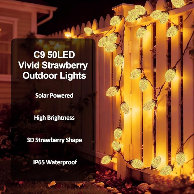 C9 Solar Powered LED Christmas String Lights 50 LED Waterproof Strawberry Light with 8 Mode Green Wire Lighting for Outside Patio Wedding Party Decor