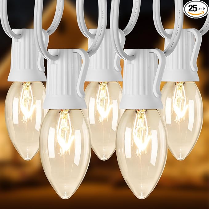 Brightown 25 Feet C9 Bulb String Lights Outdoor White Christmas Lights for Outdoor Patio Room Christmas Party Backyard Decoration,Warm White, Clear Glass