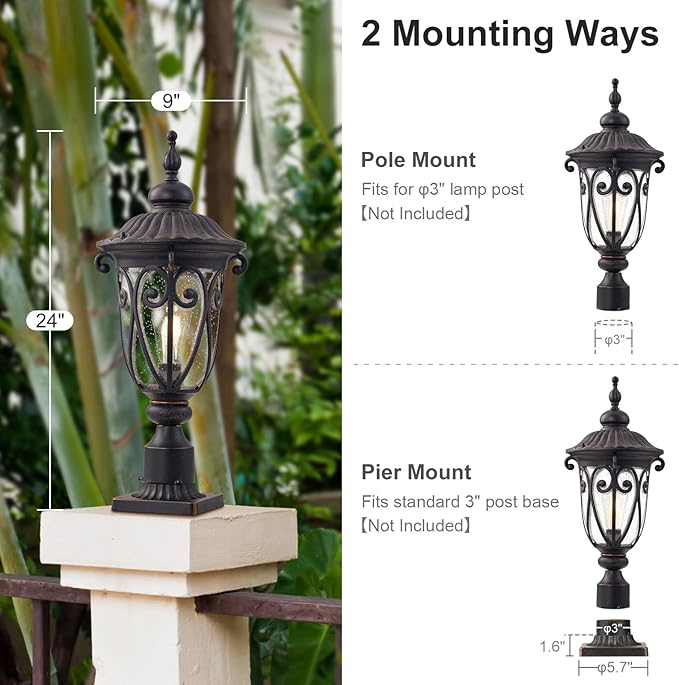 Outdoor Post Light Fixture with Pier Mount, 24 Inch High Vintage Post Lamp for Yard, Antique Bronze Exterior | Lumora
