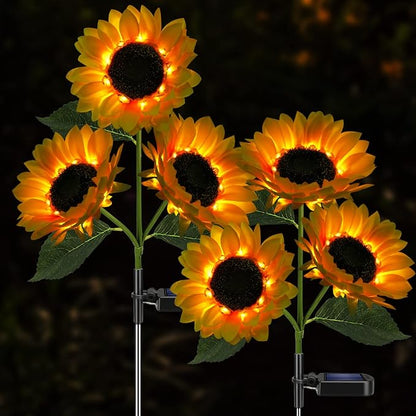 Solar Sunflower Lights, 800mA Solar Garden Light with Real Looking Flowers Outdoor Waterproof Solar Stake Lights for Back Yard, Flower Bed, Pathway, Patio, Porch, Spring Decoration (2 Pack)