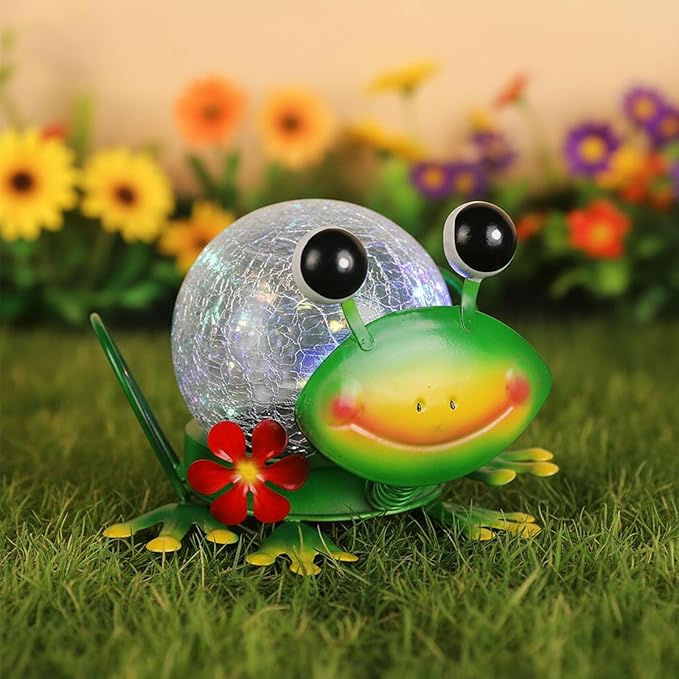 Solar Lights Outdoor Frog Garden Decor with Crackle Glass Globe Lights - Cute Metal Frog Decor for Yard Lawn Patio | Lumora