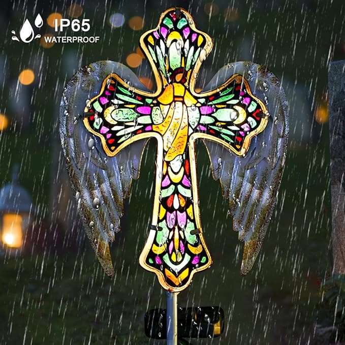 Unique, TEDOF Solar Glass Cross Stake Lights with Angel Wings, Outdoor Memorial Garden Decor for Grave, Festive Yard Lawn Patio Christmas Decoration for Mom, Warm Holiday Lighting