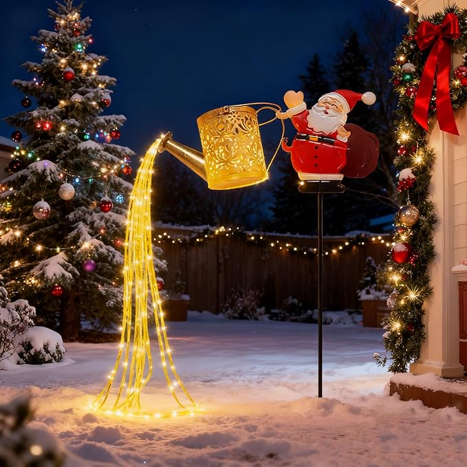 Christmas Solar Kettle Lights, Light Solar Santa Claus Watering Can LED Light, Waterproof Solar Powered Lawn Decorative Lights for Outdoor Christmas Pathway Decoration (Warm White C, Kettle Lights)