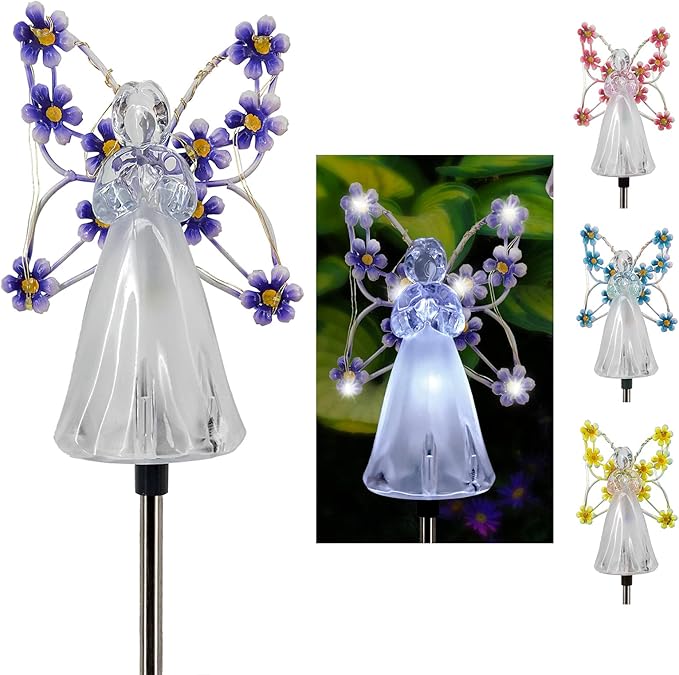 2pcs Fairy Garden Ornaments Outdoor Solar Pathway Lights, Flower Fairy Resin Figurine Lamp for Courtyard Lawn, Commemorate Gift (Purple)