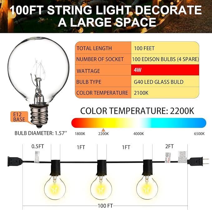 100FT G40 Outdoor String Lights with 100 Glass Edison Bulbs (4 Spare), 4W E12 Base Warm Yellow Globe Patio Lights | Lumora