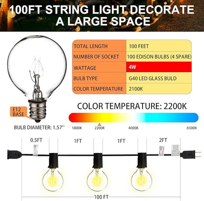 100FT G40 Outdoor String Lights with 100 Glass Edison Bulbs (4 Spare), 4W E12 Base Warm Yellow Globe Patio Lights, Waterproof Hanging Incandescent for Backyard Porch Balcony Party Indoor Décor