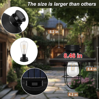 pearlstar Solar Lantern Outdoor Hanging Light- Waterproof Vintage Metal Solar Lantern Light with Warm White Edison Bulb Decorative for Patio, Backyard, Porch, Yard