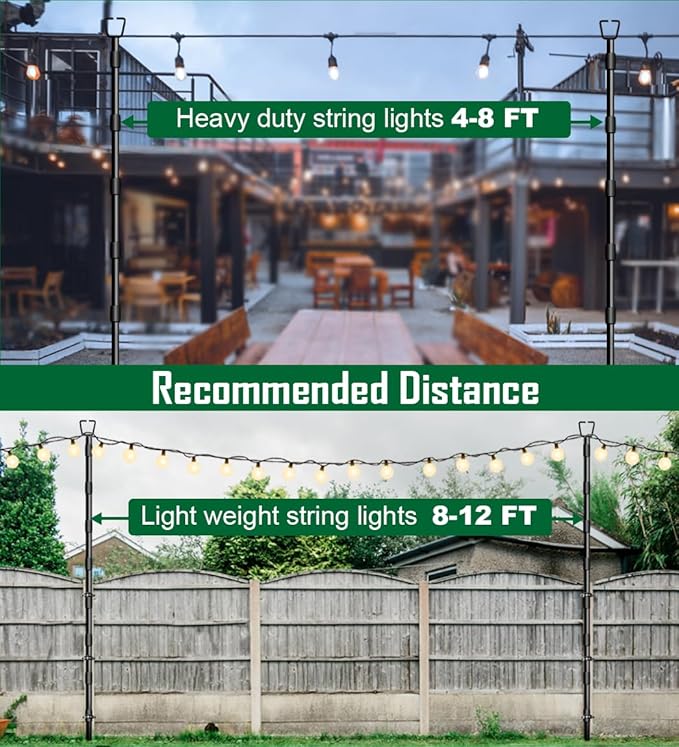 10Ft String Light Poles for Outside - 2 Pack Adjustable Metal Poles for Outdoor String Lights, Rustproof & Sturdy | Lumora