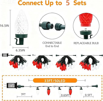 C9 LED Christmas Lights Outdoor,33 Feet 50 LED 8 Lighting Modes Waterproof Connectable Christmas String Lights for Outside Roofline Patio Home Xmas Decorations (Red & White)
