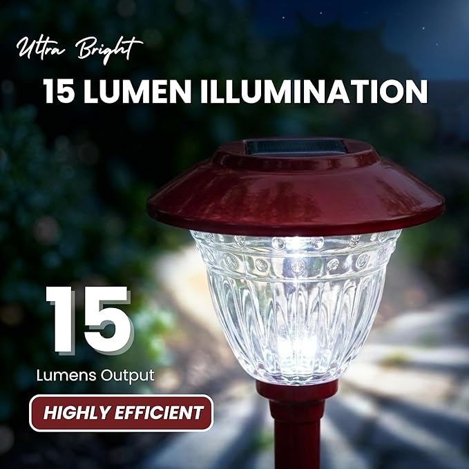 Energizer Bright Solar Lights for Outside - 8 Pack IP65 Waterproof 15 Lumen LED Landscape Lights with Patterned Glass & Metal Finish, Backyard Solar Lights with Worry Free Installation - Red