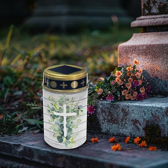 Poceacles Cross Solar Lights Outdoor Grave Solar Lights for Cemetery Decoration, Eucalyptus Leaf Cross Wood Grain