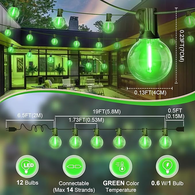 LAMPHOME Green St. Patrick's Day LED Outdoor String Light, 26Ft st Patrick's Day Patio Lights 12+1 Edison | Lumora