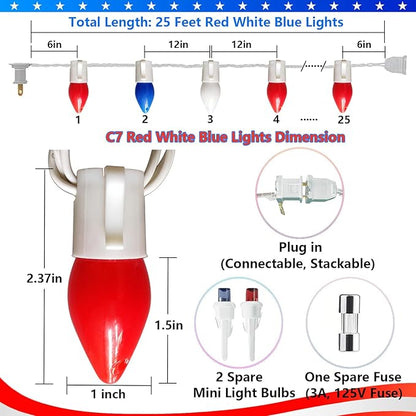 Red White and Blue String Lights 25Ft C7 LED 4th of July Light with 25 Shatterproof Patriotic Lights Plug in Christmas Light for Home Indoor Outdoor Presidents Day Memorial Day Fourth of July Decor