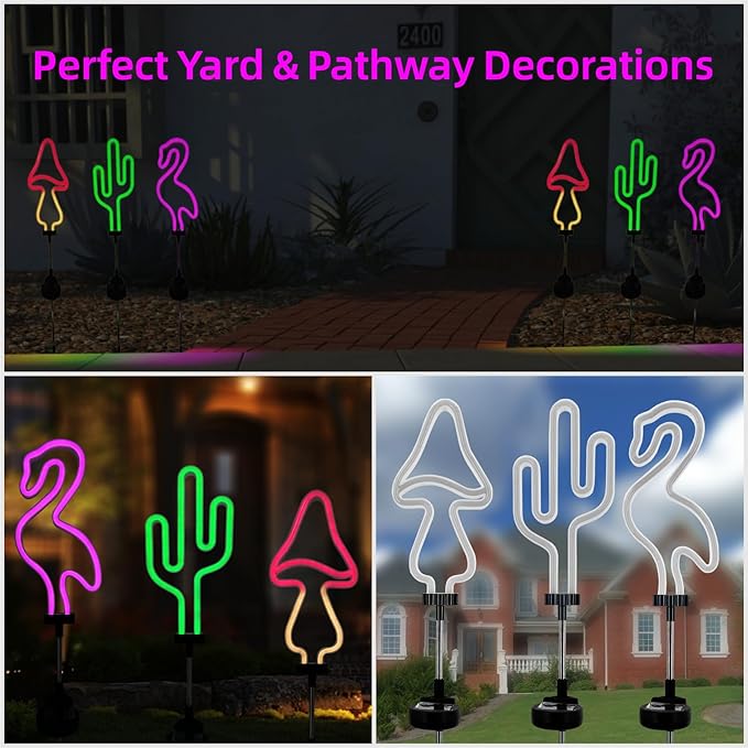 Solar Garden Lights Flamingo,Cactus and Mushroom Outdoor Waterproof Solar Neon Strip Lights for Landscape,Lawn,Yard,Patio,Pathway,Backyard,Pool Decoration