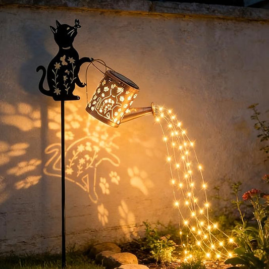 Solar Outdoor Garden Decorative, Watering Can with Light, Featuring Metal Cat Silhouette Garden Stake, Mother's Day Gift for Women, Waterproof Garden Decor (1 Pc Cat Watering Can Light)