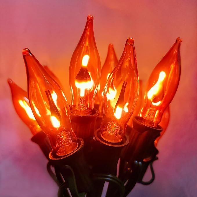 Christmas Flickering Orange String Lights Outdoor, 10Ft Flicker Flame Light 10 C7 Flame Bulb Lights, Outside Orange Light Plug in for Indoor Balcony Patio Party Christmas Halloween Decorations