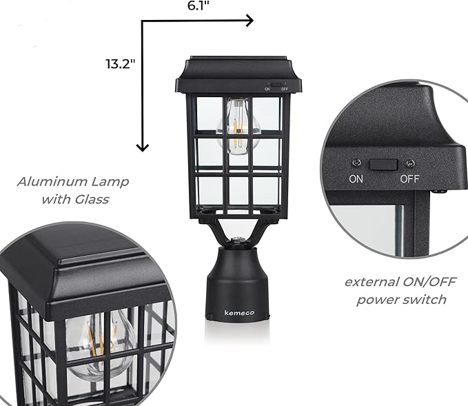 Kemeco ST4329Q-A Solar Post Light Squared Frame Exterior Waterproof Led Fixture for Outdoor Garden Street Post Pole | Lumora