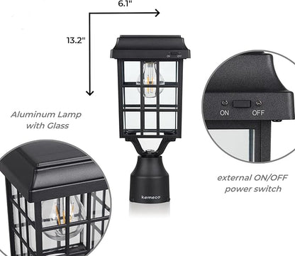 Kemeco ST4329Q-A Solar Post Light Squared Frame Exterior Waterproof Led Fixture for Outdoor Garden Street Post Pole Yard Driveway Walkway Entryways (Flat Roof)