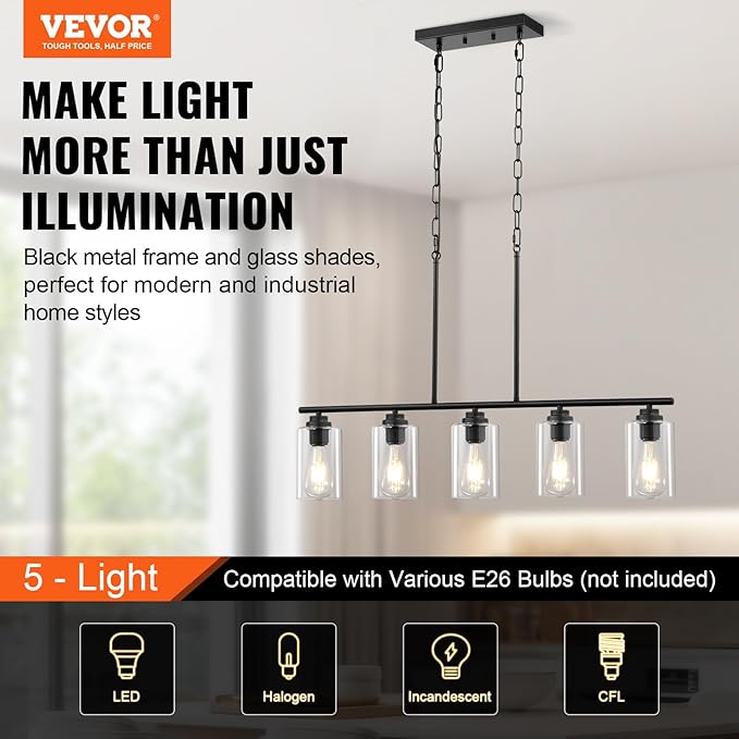 VEVOR 5-Light Kitchen Island Pendant Lights, 60W, Adjustable Dining Room Light Fixture with Clear Glass Lampshade 4 Rods 2 Metal Chains, Metal Frame Farmhouse Linear Chandeliers for Dining Room, E26
