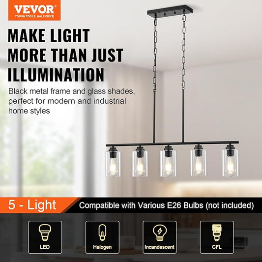 VEVOR 5-Light Kitchen Island Pendant Lights, 60W, Adjustable Dining Room Light Fixture with Clear Glass Lampshade 4 Rods 2 Metal Chains, Metal Frame Farmhouse Linear Chandeliers for Dining Room, E26