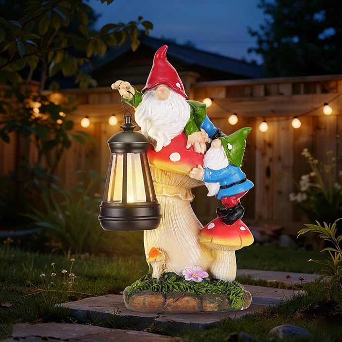 Garden Gnomes Outdoor Statues with Light, Spring Gnomes Decorations for Yard, Solar Garden Gnome Climbing on Mushroom, Lawn Ornaments for Patio, Balcony Housewarming- Unique Women Gifts