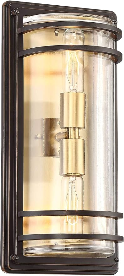 John Timberland Habitat Modern Industrial Outdoor Wall Light Fixture Bronze Warm Brass Steel 16" Clear Glass for Exterior House Porch Patio Outside Deck Garage Yard Front Door Garden Home