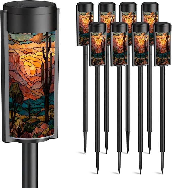 8 Pack Solar Pathway Lights Outdoor Waterproof Southwest Cactus Stained Glass Art Golden Sunset Motifs Solar Garden Lights LED Landscape Lighting for Yard Walkway Lawn Garden Decor