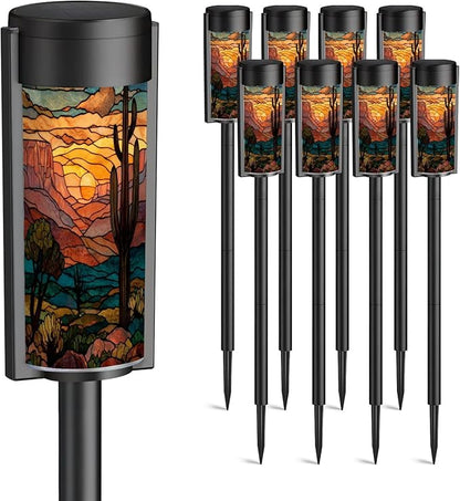 8 Pack Solar Pathway Lights Outdoor Waterproof Southwest Cactus Stained Glass Art Golden Sunset Motifs Solar Garden Lights LED Landscape Lighting for Yard Walkway Lawn Garden Decor