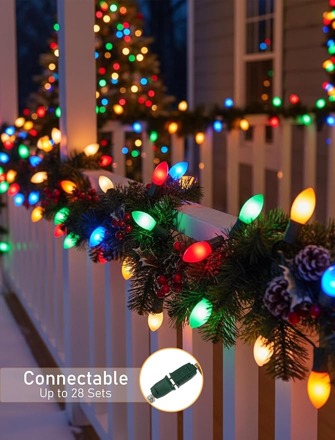 25FT C9 Christmas Lights Multi-Color String Lights with 26 Incandescent Lights, Outdoor String Light for Patio Christmas Tree Decor, 7 Watt Ceramic C9 Light C9/E17 Base