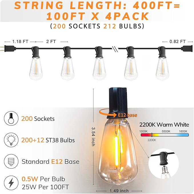 Achin String Lights for Outside 400FT(100ft*4) 2200K Warm Edison String Lights with 200+12 LED Vintage ST38 Bulbs | Lumora