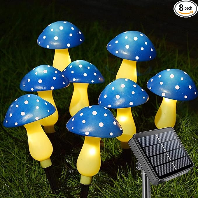 A Set of 8 PCS（Blue）New Upgraded Waterproof Solar Mushroom Lights Outdoor Decor,LED Fairy Lights, for Garden Lawn Flower Bed Channel Decoration Easter Pathway Halloween Xmas Decorations