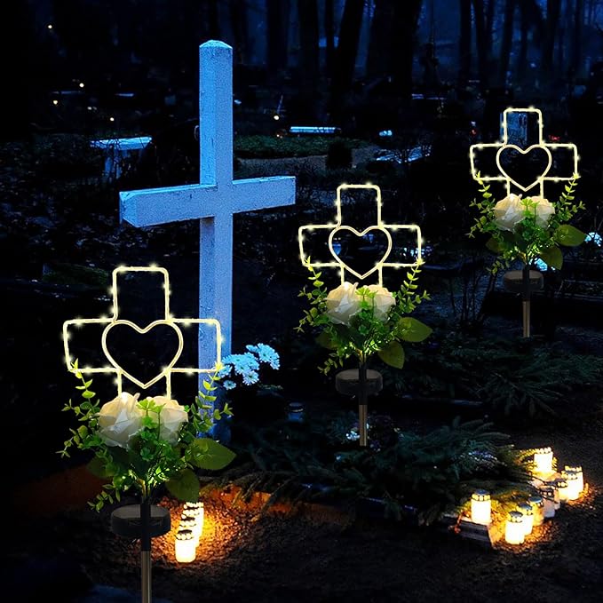 Lmtocs Solar Cross Grave Decorations for Cemetery Loved One, Memorial Sympathy Gifts for Loss of Loved One, Cemetery Decorations for Memorial Day, Mother Day, Father Day, Christmas Grave Decorations
