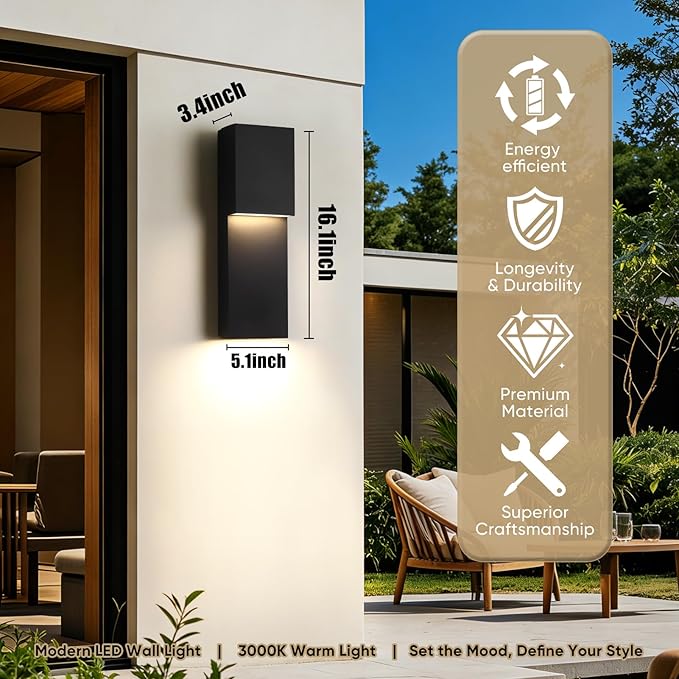 Fire Wolf Modern 16" 18W LED Outdoor Wall Sconce,Dual-Source Front Porch Light,Aluminum Modern Wall Light,3000K,Damp Environments Such as Porches,Terraces,Gardens,Indoor/Outdoor Applications