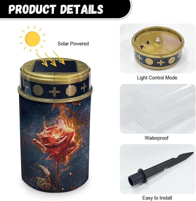 Red Rose Outdoor Solar Garden Lights,Waterproof Solar Outdoor Lights,Solar Stake Lights for Cemetery Grave Garden Patio Yard Lawn Decoration