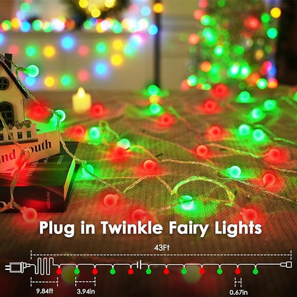 43FT 100LED Connectable Christmas Globe String Lights Indoor Outdoor - Red and Green Fairy Lights Plug in with Remote & 8 Modes, Twinkle Light for Christmas Decorations Bedroom Room Tree Party