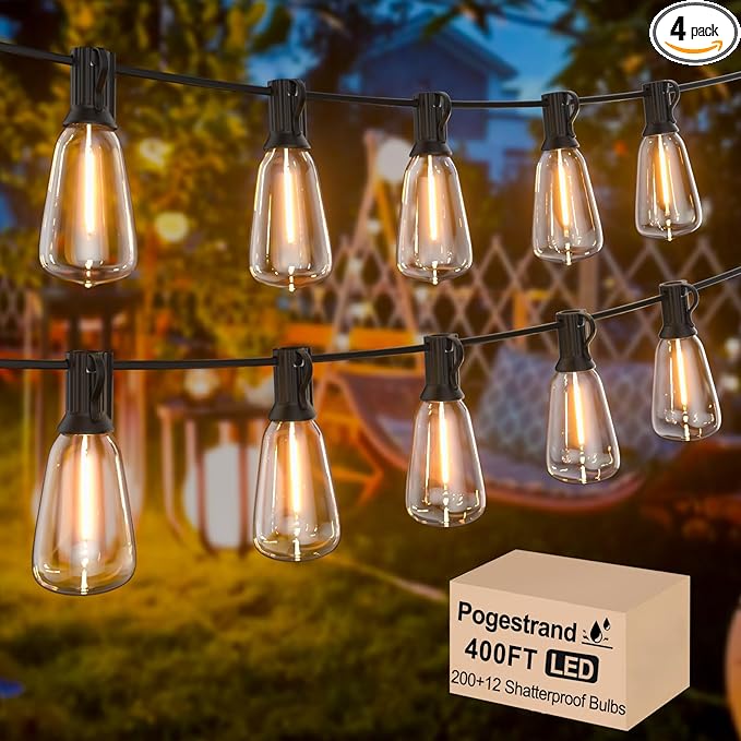 LED Outdoor String Lights 400ft Shatterproof Patio Lights with 212 Waterproof ST38 Vintage Bulbs(12 Spare), Dimmable Outside Hanging String Lights for Backyard Porch Balcony Party, Warm White