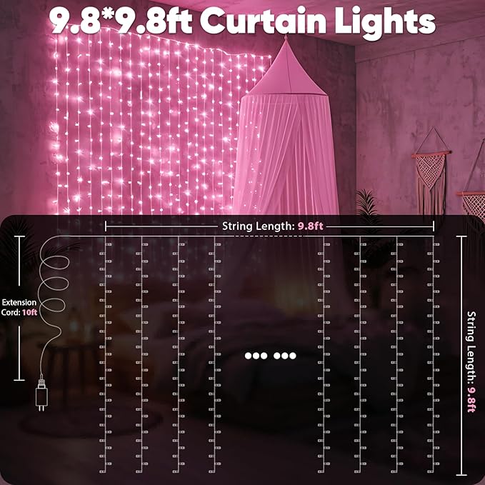 suddus Curtain Lights for Bedroom, 300 Led 9.8ft x 9.8ft Hanging String Lights Outdoor, Fairy Curtain Lights for Backdrop, Window, Wall, Wedding, Party,Birthday Decoration,Pink