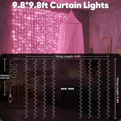 suddus Curtain Lights for Bedroom, 300 Led 9.8ft x 9.8ft Hanging String Lights Outdoor, Fairy Curtain Lights for Backdrop, Window, Wall, Wedding, Party,Birthday Decoration,Pink