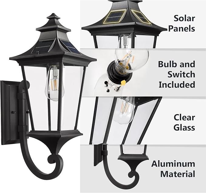 Emliviar Solar Exterior Front Porch Light with Remote Control, 3 Lighting Modes Waterproof Solar Wall Lantern, Auto | Lumora