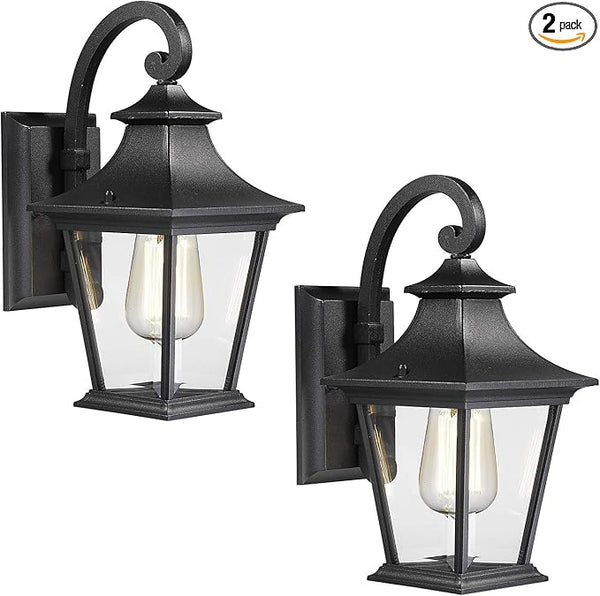 Emliviar Outdoor Wall Lights 2 Pack - Exterior Porch Lights Wall Mount in Black Finish with Clear Glass, XE219B-2PK | Lumora