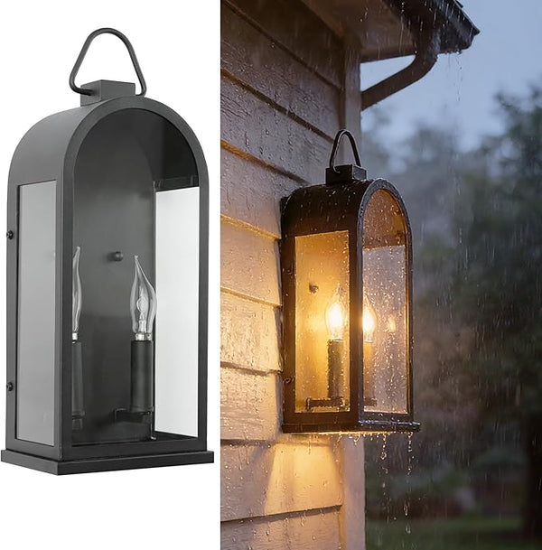 Outdoor Wall Light Fixtures, 2 Light Porch Lights Outdoor, Matte Black Exterior Waterproof Wall Sconce with Glass | Lumora