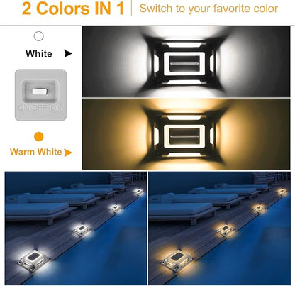 Solar Deck Lights Driveway Dock Lights- 8 Packs Waterproof 1200mAh Solar Powered Outdoor LED Aluminum Dock Lighting Road Markers Step Light for Sidewalk Garden Pathway Yard (White/Warm White)
