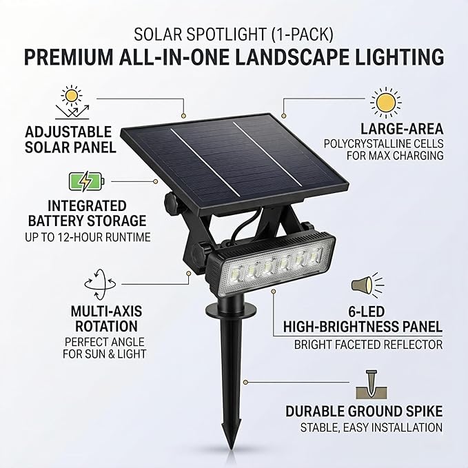 Solar Spotlight Outdoor Single Warm White Solar Garden Light with Adjustable Head and Panel, Dual Installation Ground Stake or Wall Mount, Auto on/Off Landscape Light for Yard Pathway Patio