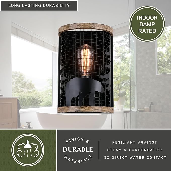 VAXCEL Kodiak 1 Light Black Cage Rustic Wall Sconce Bear and Tree Motif | Lumora