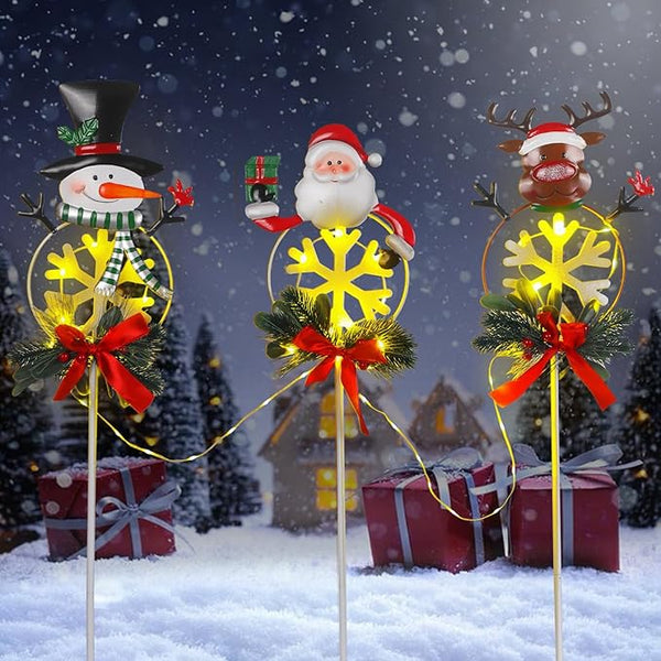 Christmas Yard Stakes Solar with Metal Santa, Snowman & Reindeer Set of 3, Christmas Grave Decorations with Solar | Lumora