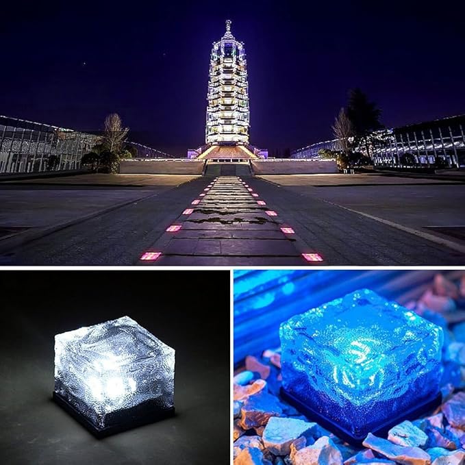 Solar Glass Brick Lights, Ice Cube Lights Solar Landscape Light Buried LED Frost Glass Path Lights for Garden, Outdoor Decoration Waterproof 4-Pack (Blue)