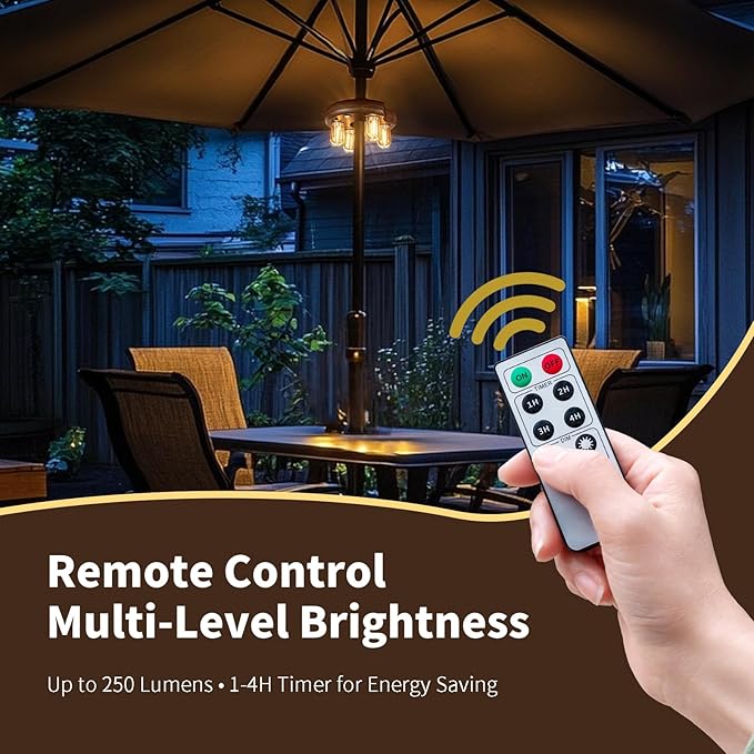 Dark Wood Grain Patio Umbrella Light with Remote Control, Rechargeable Cordless LED Edison Bulbs Pole Light with 10 Brightness Levels for Garden, Patio, Backyard, Camping or BBQ (1 Pack)